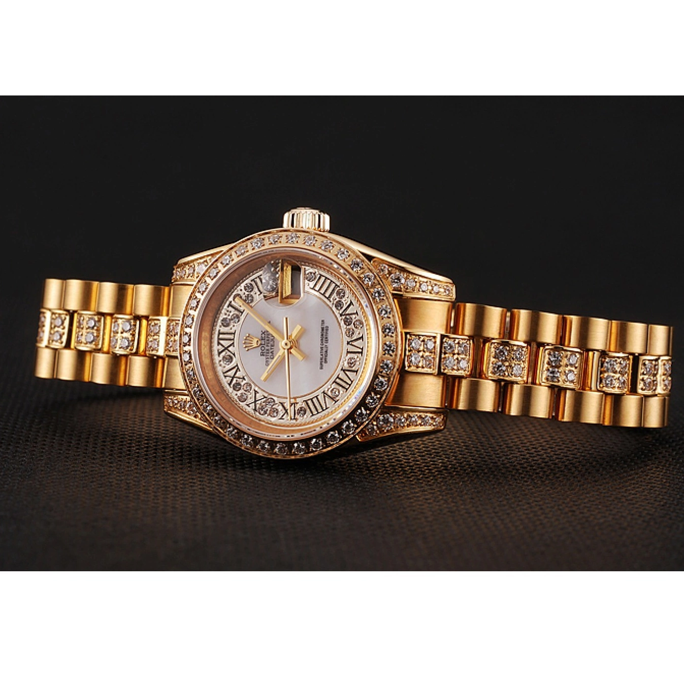 Aaa replica watch Diamond Swiss 1453957 Pave White Dial Bracelet DayJust Rolex Diamond Gold 0625